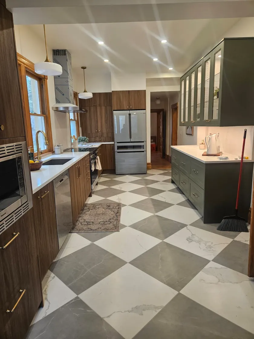 Custom kitchen remodel with marble checkerboard floor by Designs to Reality SLC in Salt Lake City